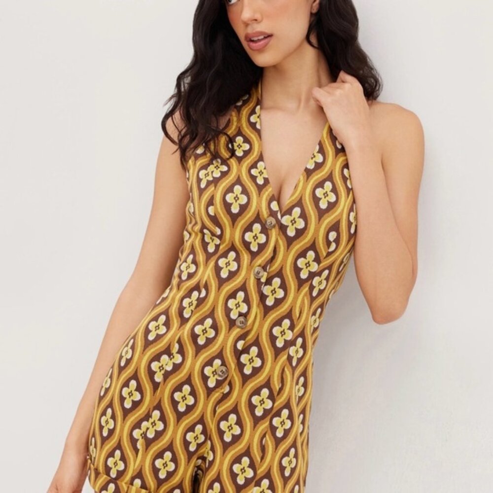 Sleeveless Retro Floral Print Romper - Yellow Brown